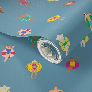 Swimmers Wallpaper Swimmers Pool Floats Dusty Blue by dasbrooklyn Pool Floats Water Removable Peel and Stick Wallpaper by Spoonflower image 2