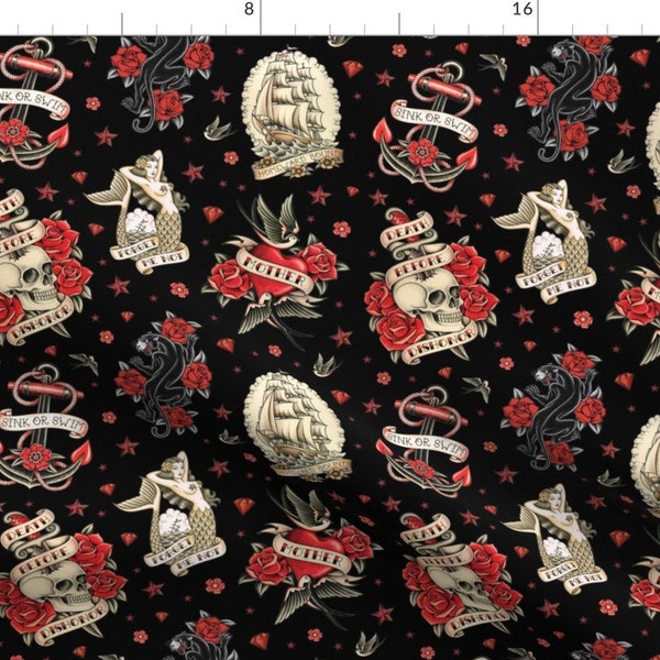 Traditional Tattoo Fabric - Old School Tattoo Black By Crixtina - Old School Skull Rockabilly Cotton Fabric By The Yard With Spoonflower