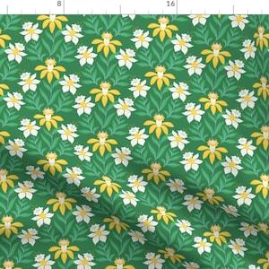 Daffodil Fabric - Daffodils On Green By Innamoreva -Daffodil Spring Bloom Green Yellow Perennials Cotton Fabric By The Yard With Spoonflower