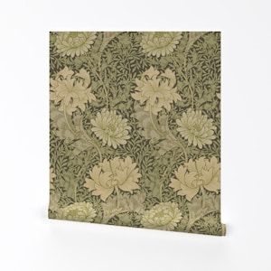 Floral Antique Removable Peel and Stick Wallpaper - Victorian Romantic - Wall Art Wall Decor - Morris Chrysanthemum  by peacoquettedesigns