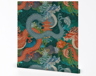 Japanese Dragon Wallpaper - Ryu Ocean Dragon Blue by hnldesigns - Folklore Maximalist  Removable Peel and Stick Wallpaper by Spoonflower