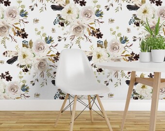 Boho Floral Wallpaper - 18" Autumn Harvest Flowers White By Shopcabin - Custom Printed Removable Self Adhesive Wallpaper Roll by Spoonflower