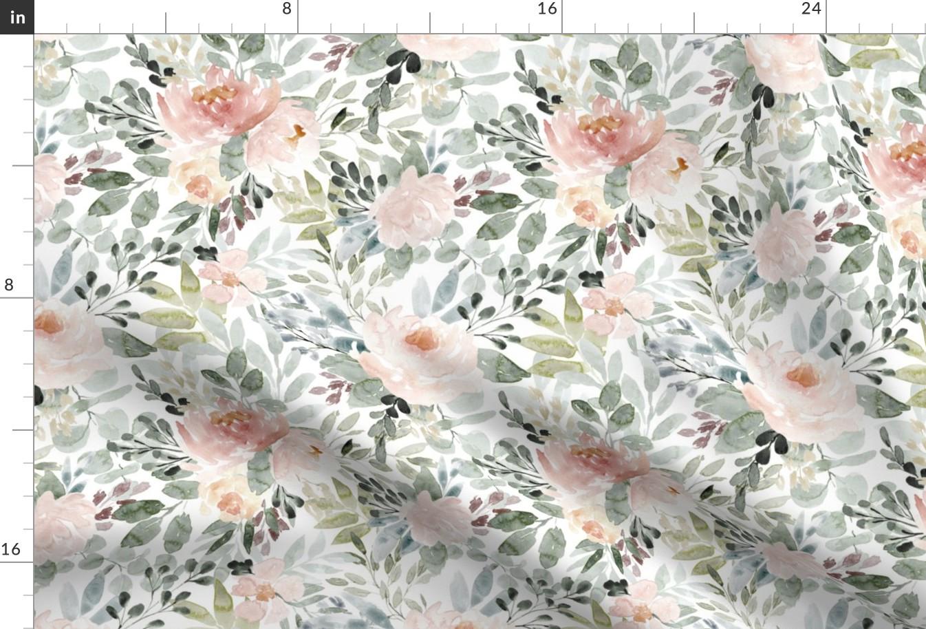 Soft Floral Fabric - Spring Dream by northeighty - Watercolor Roses Sage Green Blush Baby Girl Nursery Fabric by the Yard by Spoonflower