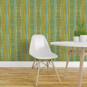 Mid Century Modern Peel and Stick Wallpaper - Olive Green Aqua Retro 1960s Atomic Era - Removable Wall Decor Art - Olive Lines by theodesign
