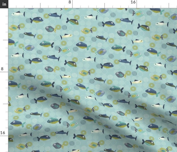 Geometric Fish Fabric Green Fish Blue Fish by Nancy Bradham