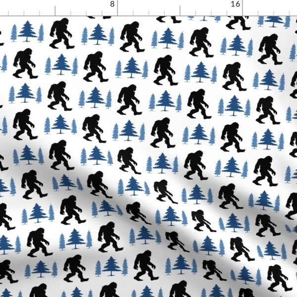 Bigfoot Fabric - Sasquatch Blue Trees By Mariafaithgarcia - Whimsical Cryptid Cryptozoology Cotton Fabric By The Yard With Spoonflower