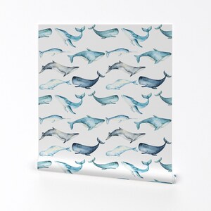 Whale Wallpaper - Watercolor Whales By Hipkiddesigns - Blue White Coastal Ocean Beach Removable Self Adhesive Wallpaper Roll by Spoonflower