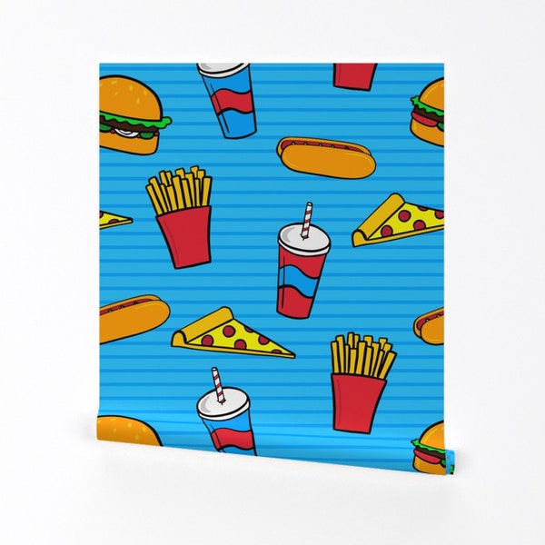 Pizza Burgers Dogs and Fries Wallpaper - Junk Food By Pmaxwelldesigns - Custom Printed Removable Self Adhesive Wallpaper Roll by Spoonflower
