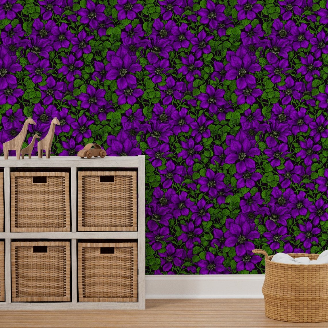 Clematis Floral Wallpaper Purple Clematis Vine by Katerina - Etsy