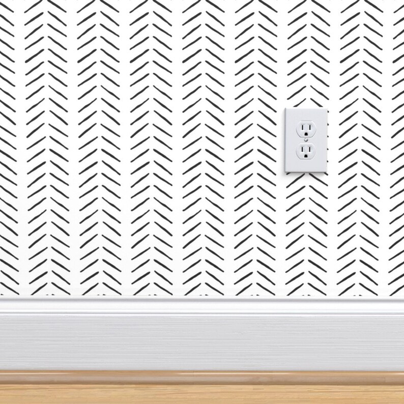 Herringbone Wallpaper Black and White Large Scale by Etsy