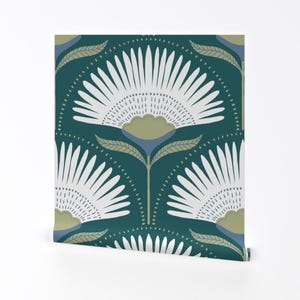 Mid Century Palm Removable Peel and Stick Wallpaper - Teal Cream 1920s Art Deco - Wall Art Wall Decor - Aara Palm by scarlet_soleil