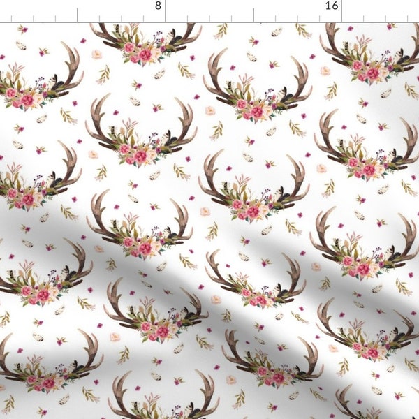 Antlers Deer Floral Fabric - Antlers Flowers - Pink Floral Feathers Deer Antler Baby Girl Nursery Crib Sheets Bedding A By Gingerlous