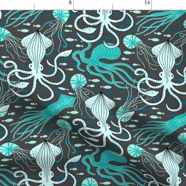 Squid Fabric - Tangled Turquoise (Large) By Heleen Vd Thillart - Nautical Ocean Squid Cotton Fabric By The Yard With Spoonflower