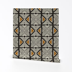 Schwarze Geometrische Tapete zum Abziehen - Weißes Ocker Dreieck Boho - Wand Kunst Wand Dekor - Tribal Weißes Motiv by designdn
