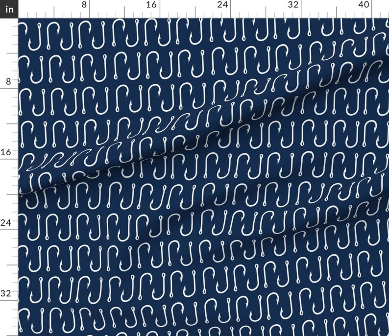 Navy Fish Hooks Fabric Fish Hooks Large Scale by Etsy