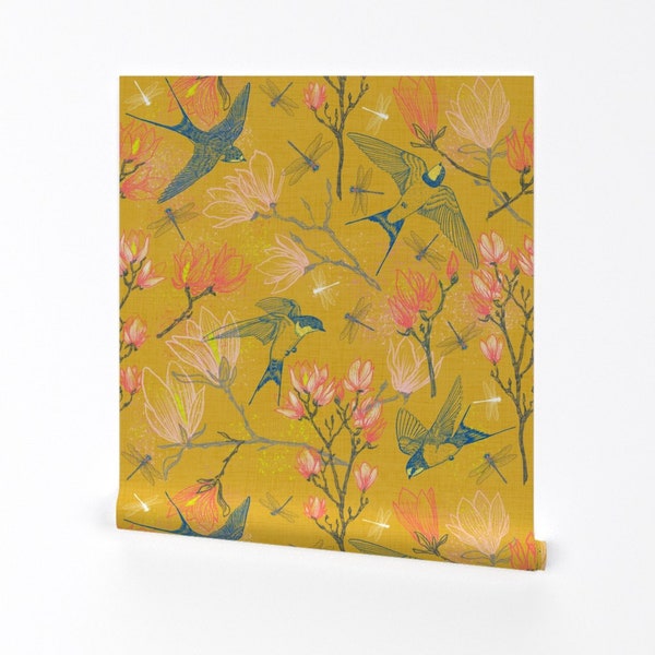 Swallows Wallpaper - Golden Summer Magnolias By Helenpdesigns - Nursery Custom Printed Removable Self Adhesive Wallpaper Roll by Spoonflower