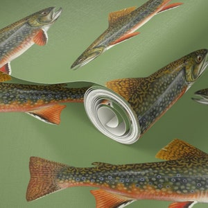 Fish Wallpaper Brook Trout by Weavingmajor Vintage Green - Etsy