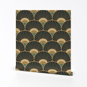 1920s Deco Removable Peel and Stick Wallpaper - Fans Vintage Gold Teal Scallop  - Wall Art Wall Decor - Peacock Feather by pippa_shaw