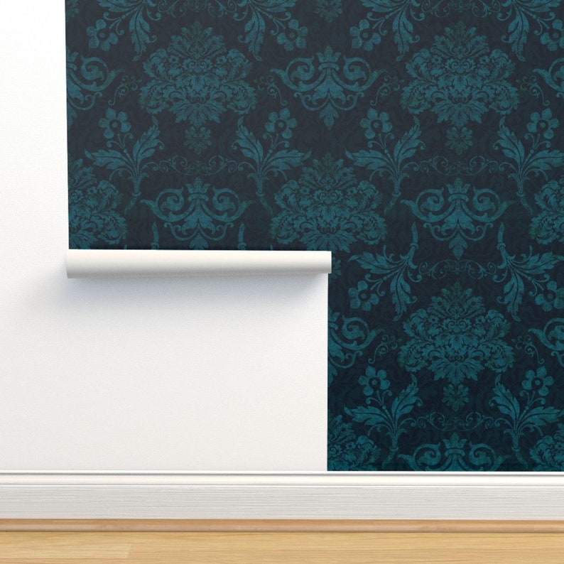 Dark Teal Damask Wallpaper Victorian Damask by Etsy