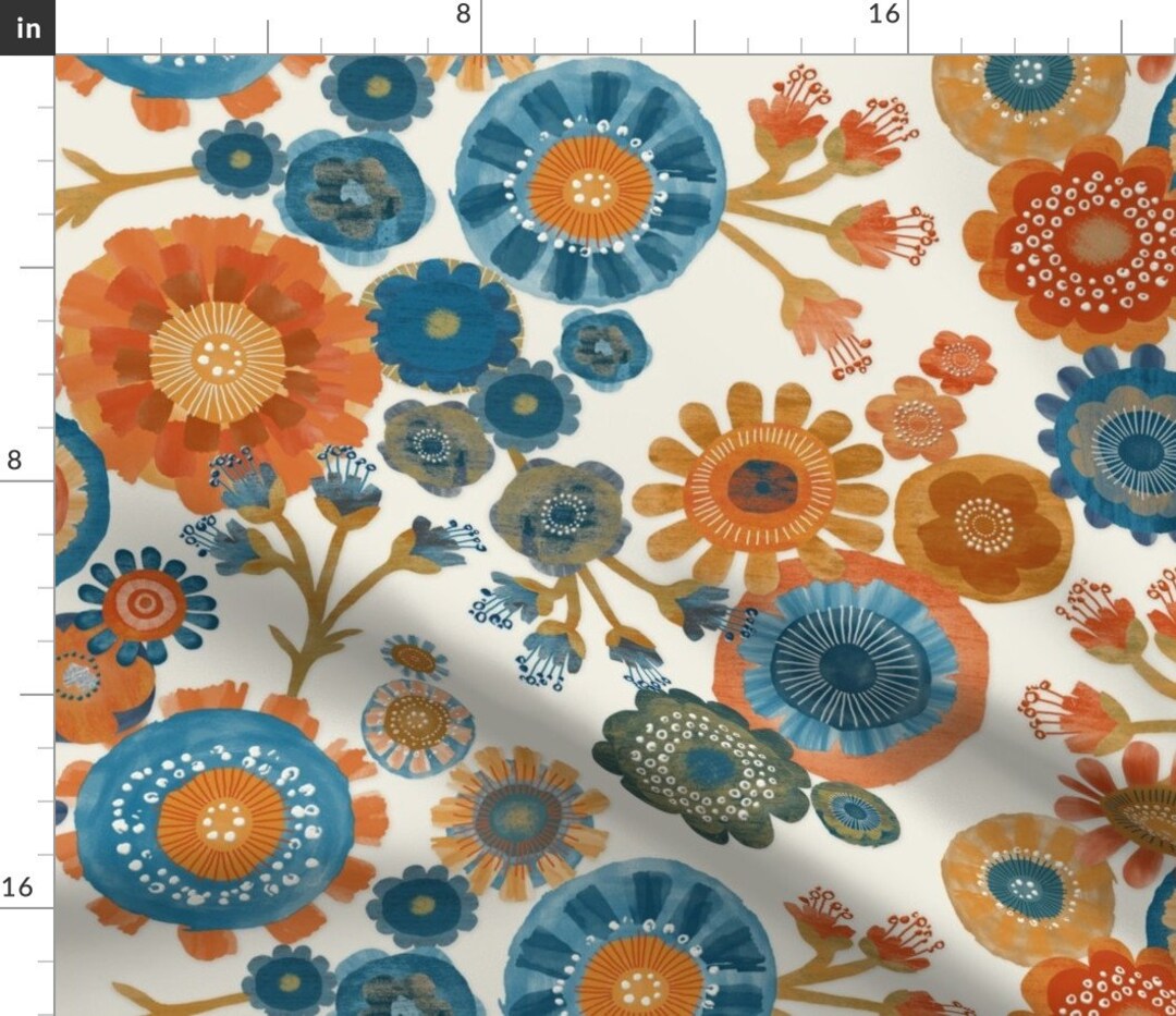 Orange and Blue Abstract Flowers Fabric Modern Chintz by Etsy