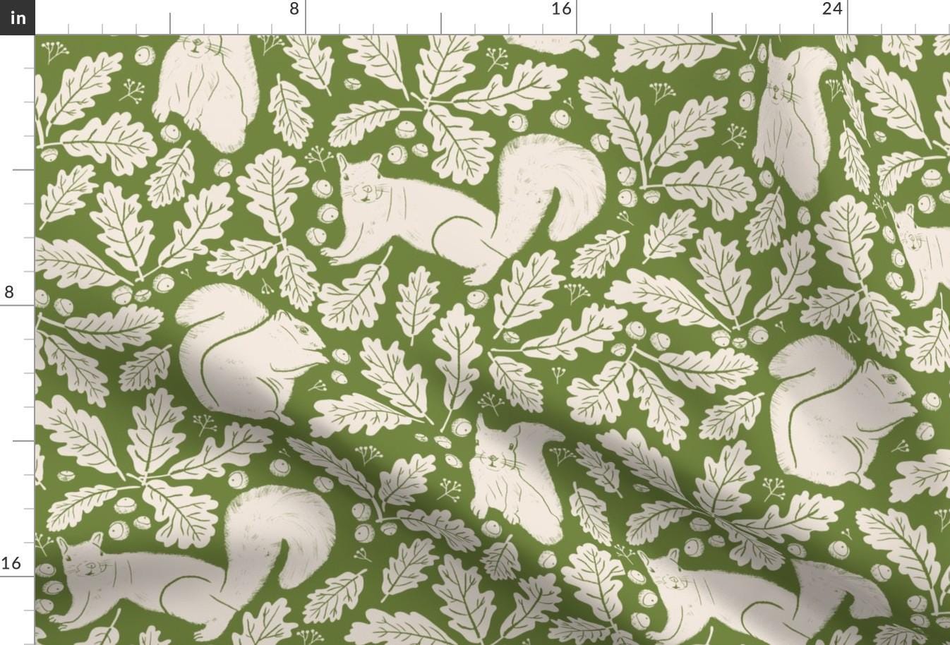 Squirrels On Green Fabric - Squirrels by riveroakstudio - Oak Leaves Acorns Woodland Animals Nature Fabric by the Yard by Spoonflower