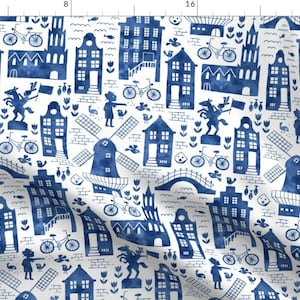 Whimsical Watercolor Cityscapes Fabric - Holland in Royal Delft Blue By Heleen Vd Thillart - Cotton Fabric by the Yard with Spoonflower