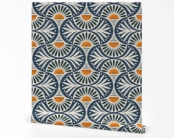 Modern Abstract Removable Peel and Stick Wallpaper -  Bold Geometric Art Deco Blue - Wall Art Wall Decor - Deco Sunset Gray by de_koro