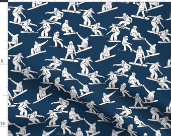 Snowboard Sports Fabric - Snowboarders On Navy By Landpenguin - Blue and White Sporty Snowboard Cotton Fabric By The Yard With Spoonflower