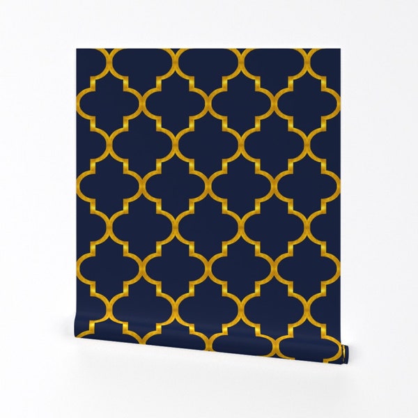 Ogee Wallpaper - Navy And Gold Quatrefoil By Willowlanetextiles - Gold Custom Printed Removable Self Adhesive Wallpaper Roll by Spoonflower