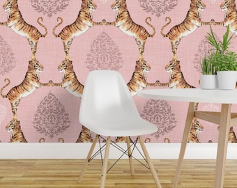 Tiger Damask Wallpaper - Cat Damask Rose Quartz By Nouveau Bohemian - Custom Printed Removable Self Adhesive Wallpaper Roll by Spoonflower