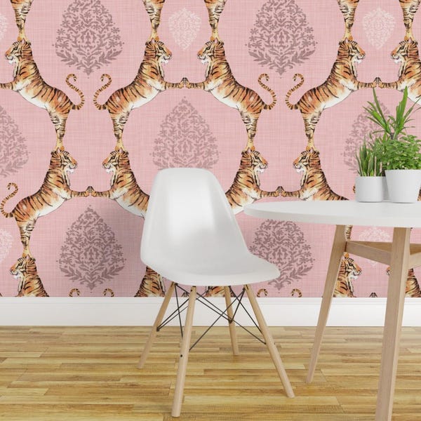 Tijgerdamastbehang - kattendamast rozenkwarts van Nouveau Boho - Op maat gemaakte verwijderbare zelfklevende behangrol van Spoonflower