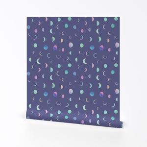 Moon Phases Wallpaper - Scattered Moon By Emerysmithstudio - Purple Green Alien Galaxy Removable Self Adhesive Wallpaper Roll by Spoonflower