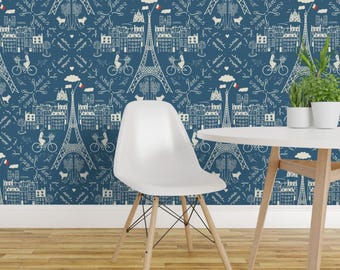 Paris Wallpaper - Parisdamask By Dasbrooklyn - Blue White France Eiffel Tower Travel Removable Self Adhesive Wallpaper Roll by Spoonflower