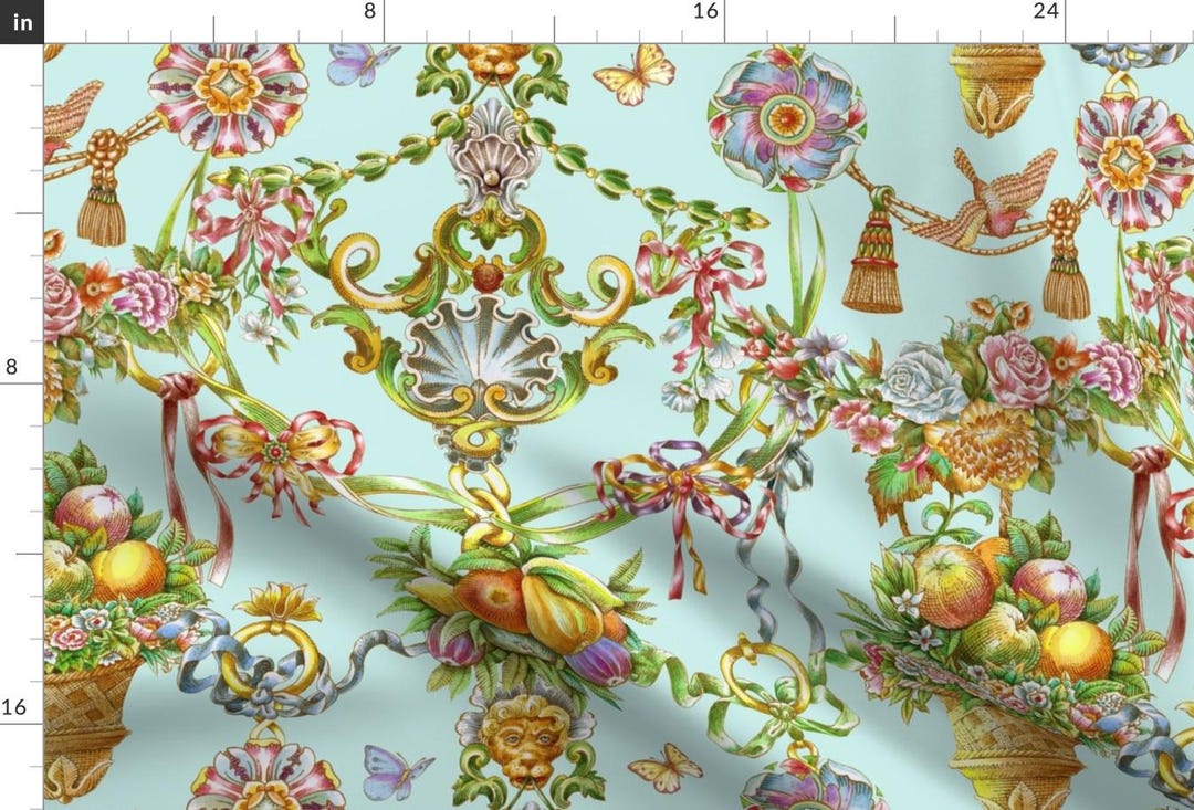 Authentic Rococo Textiles Elaborate Botanical Fabric - Happy Rococo Turquoise by Chicca Besso ...