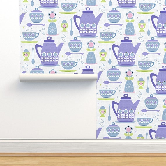 Vintage Teapots Wallpaper Tea Time by Studioxtine Retro | Etsy