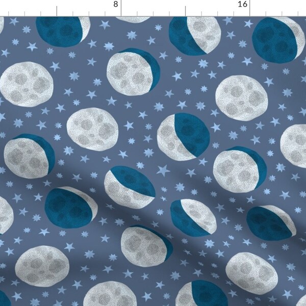 Moons Fabric - Moon Phases Between The Stars By Heleen Vd Thillart - Moon Space Lunar Eclipse Sky Cotton Fabric By The Yard With Spoonflower