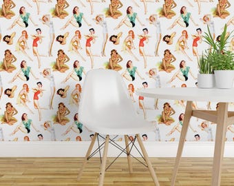 Pinup Wallpaper - Tropical Pinup Girls By Elliottdesignfactory - Pinup Custom Printed Removable Self Adhesive Wallpaper Roll by Spoonflower