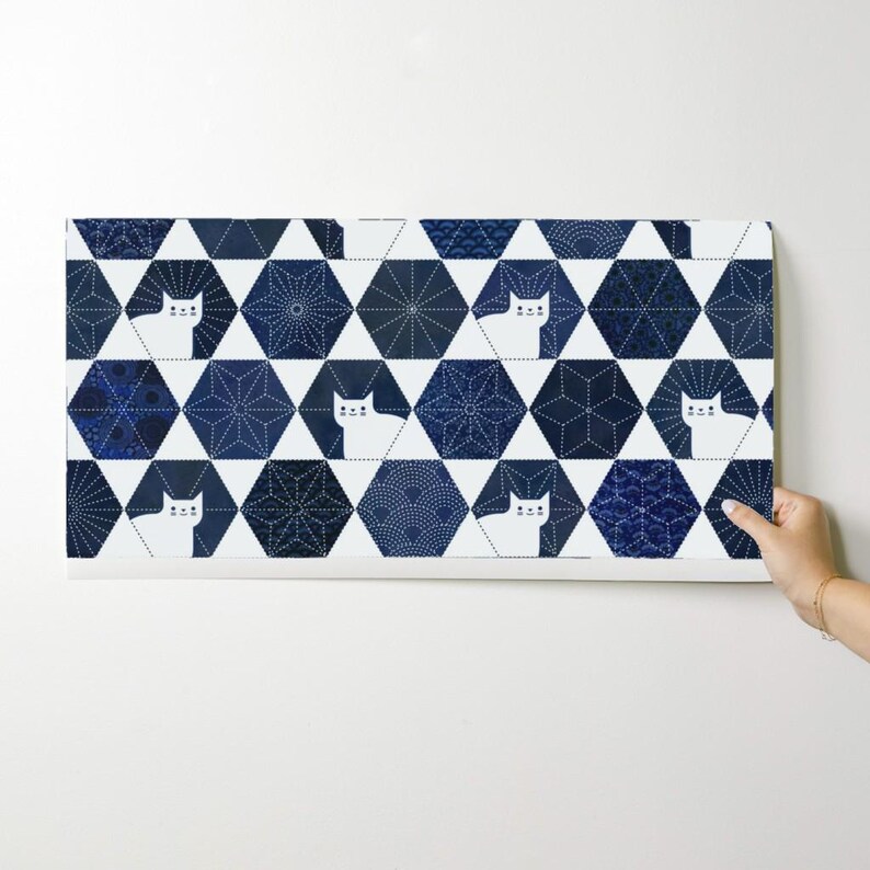 Cats Wallpaper - Sashiko Cats By Patricia Lima - Navy White Geometric Hexagon Kitten Removable Self Adhesive Wallpaper Roll by Spoonflower image 9
