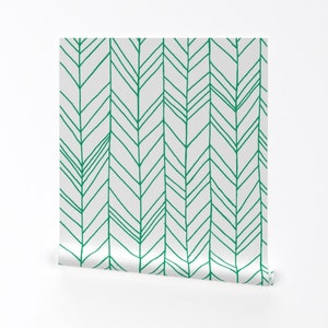 Chevron Wallpaper - Featherland Custom White Green 24" By Leanne - Teal Custom Printed Removable Self Adhesive Wallpaper Roll by Spoonflower