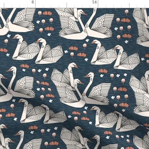 Swan Fabric Swans Lily Pond Swans Dark Blue Navy Blue Bird Girls Fabric By Andrea Lauren Swan Cotton Fabric By The Yard with Spoonflower