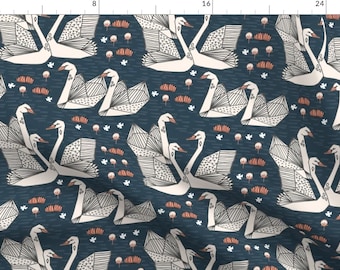 Swan Fabric Swans Lily Pond Swans Dark Blue Navy Blue Bird Girls Fabric By Andrea Lauren Swan Cotton Fabric By The Yard with Spoonflower