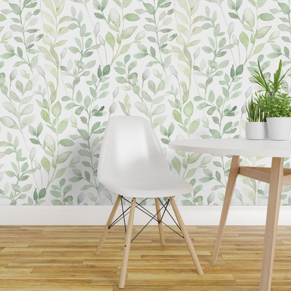 Weiche Tapete mit Blättern - Mittsommernacht Von Lolahstudio - Reben Pflanzen Hellgrün Natur Entfernbare selbstklebende Tapetenrolle von Spoonflower