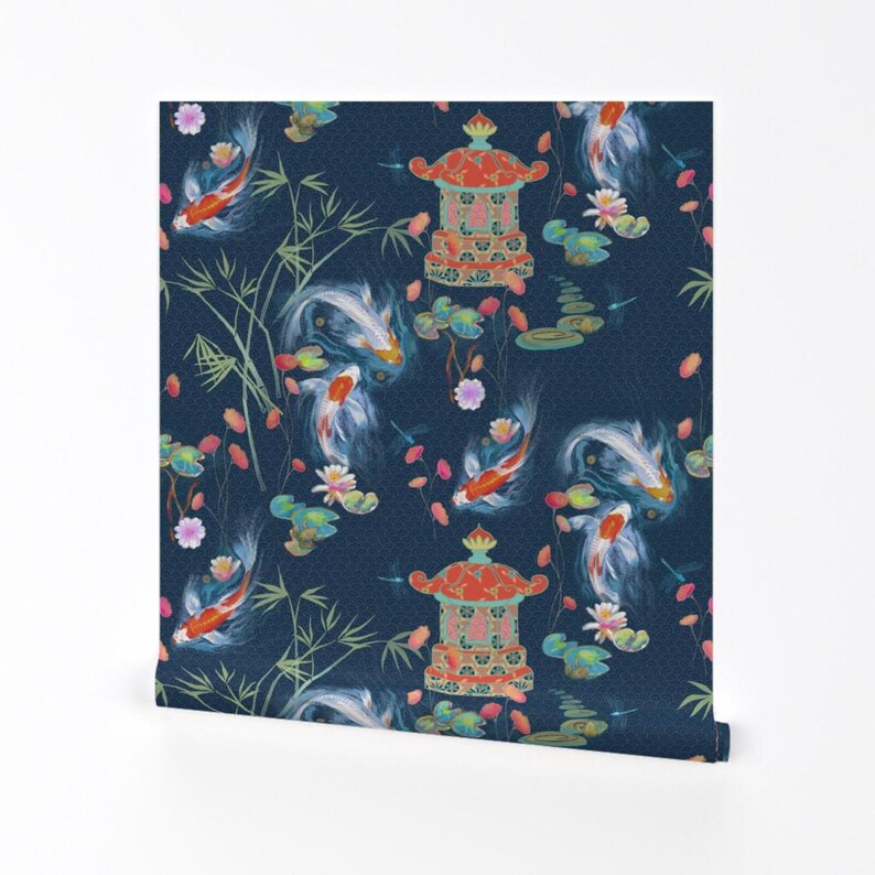 Japanese Wallpaper - Japanese Water Garden Navy By Designed By Debby - Custom Printed Removable Self Adhesive Wallpaper Roll by Spoonflower image 2