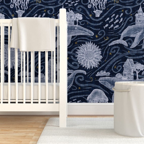 Whimsical Wallpaper - Undersea Nights by jenkb - Sky Nautical Ocean Jellyfish Whale Removable Peel and Stick Wallpaper by Spoonflower