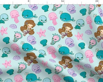 Mermaid Fabric - Sparkling Sea By Tsai-Fi - Mermaid Kawaii Kids Under the Sea Cute Blue Pink Cotton Fabric By The Yard With Spoonflower
