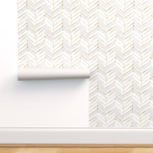 Removable Water-Activated Wallpaper Chevron White Gold Herringbone Removable Water-Activated Wallpaper Chevron White Gold Herringbone
