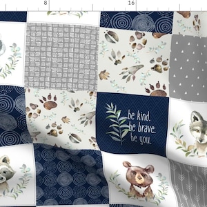 Cheater Quilt Fabric - Woodland Animal Tracks By Gingerlous - Navy Blue Gray Forest Baby Boy Cotton Fabric By The Yard With Spoonflower