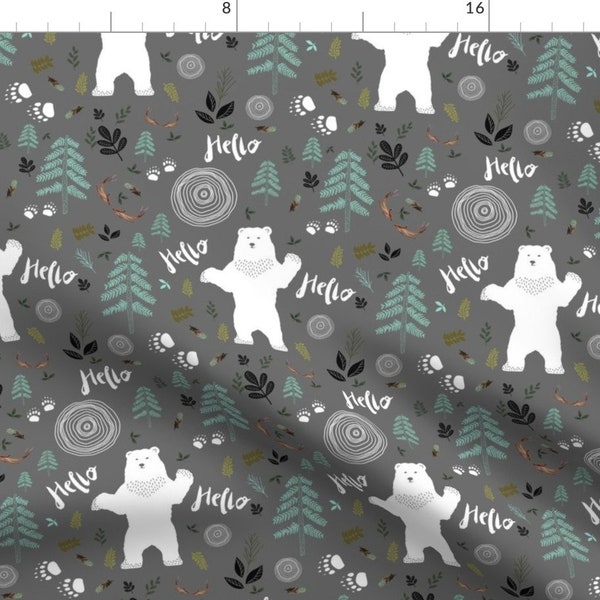 White Grizzly Fabric - Hello Woodland Bear Light Green By Shopcabin - Baby Boy Forest Woods Cotton Fabric By The Yard With Spoonflower