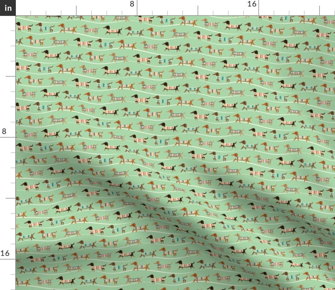 Striped Wiener Dog Fabric Wiener Dogs on Parade in Green by Pinkowlet