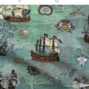 Pirate Map Fabric - Pirate Ships Map Blue Big Repeat By Teja Jamilla - Pirate Ships Ocean Anchor Cotton Fabric By The Yard With Spoonflower